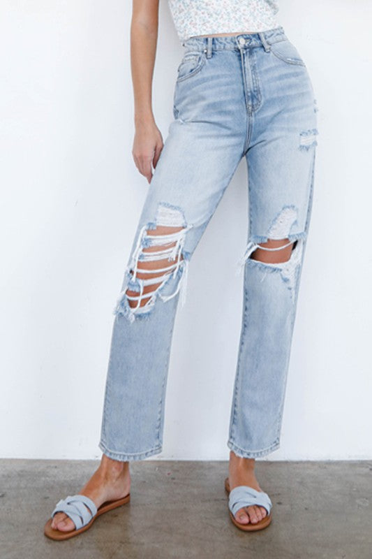 100% Cotton Midrise Straight Ripped Denim