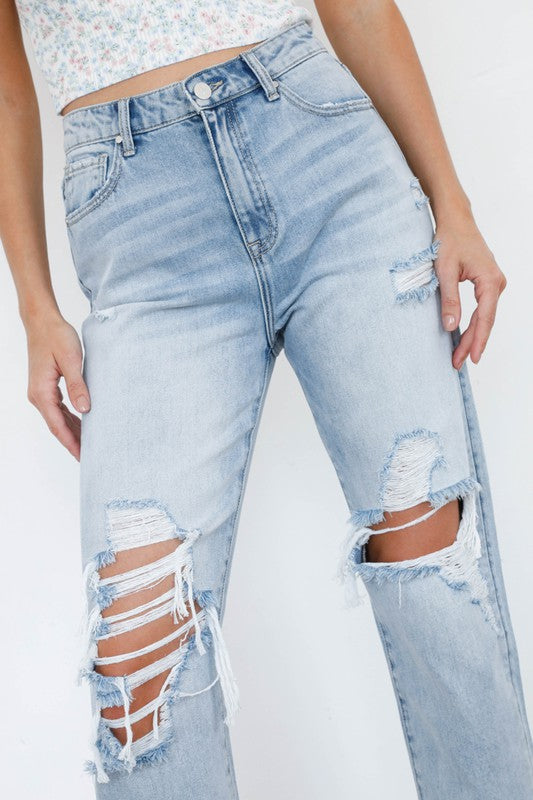 100% Cotton Midrise Straight Ripped Denim