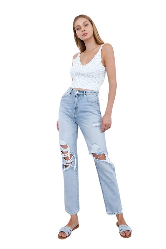 100% Cotton Midrise Straight Ripped Denim