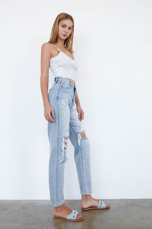 100% Cotton Midrise Straight Ripped Denim