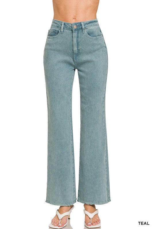 Cotton Blend Mineral Wash Straight Denim Pant w/ Raw Cut