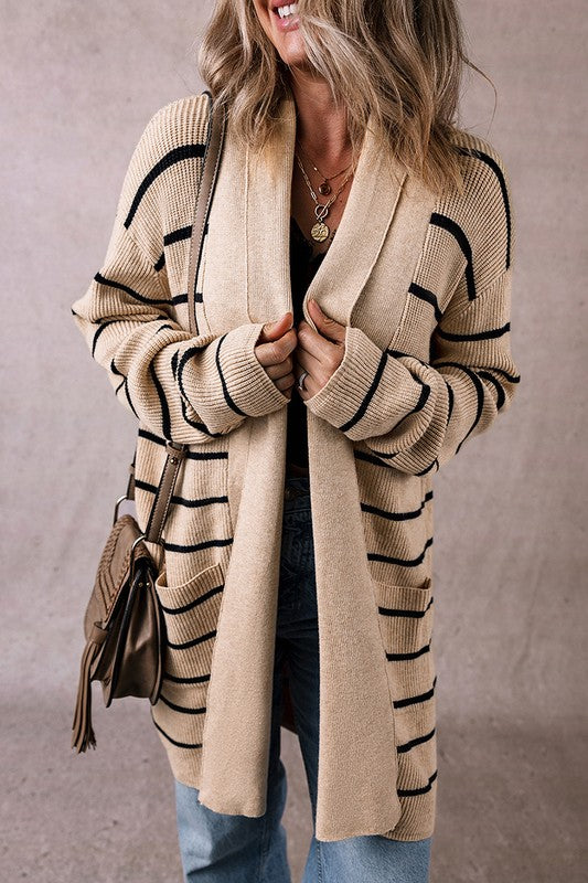 Stripe Shawl Neckline Open Cardigan with Pockets