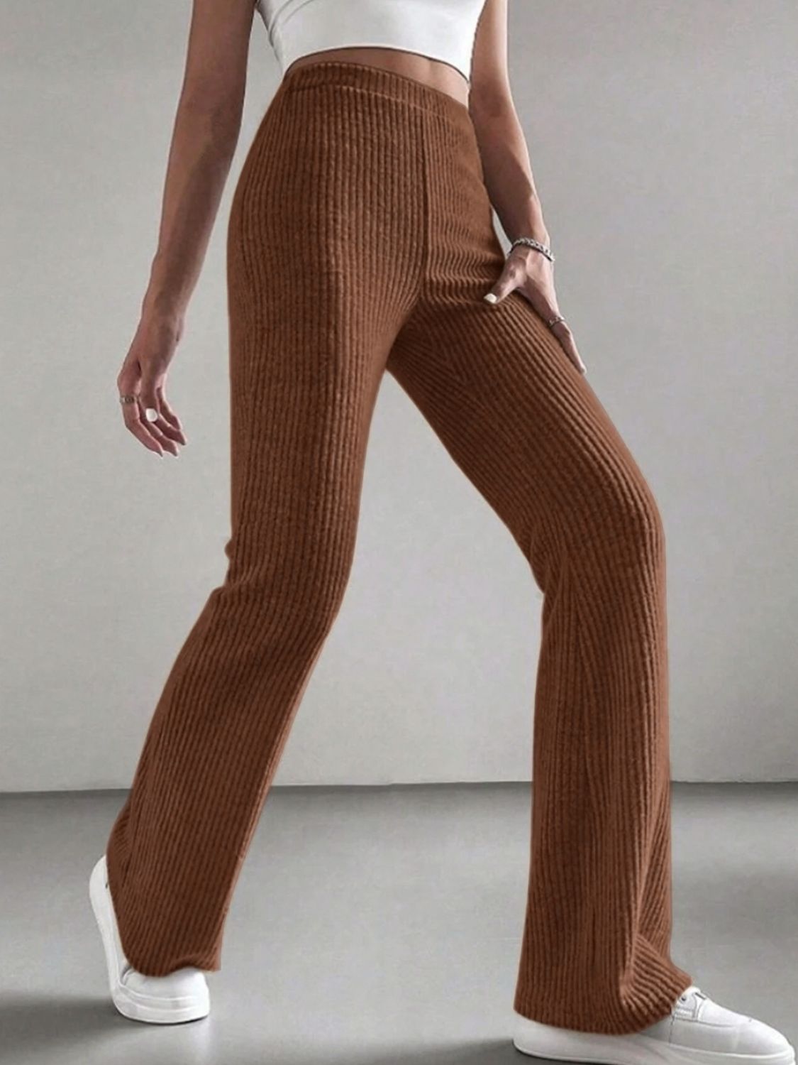 High Waist Caramel Ribbed Bootcut Pants