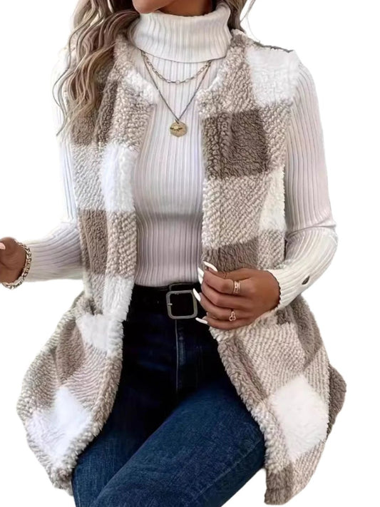 Plush Plaid Open Front Vest Coat