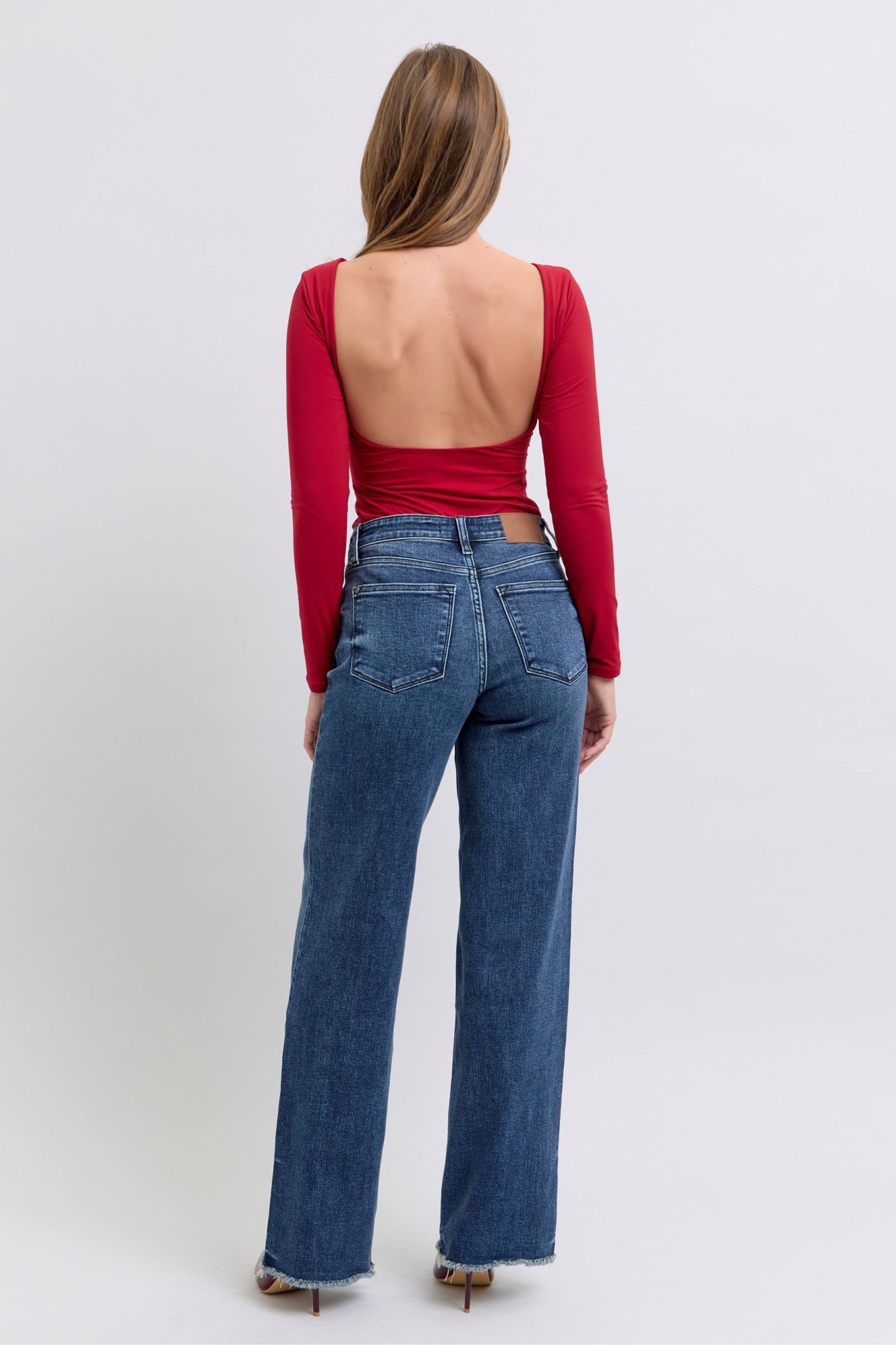 Cotten Blend Raw Hem Mid Rise Straight Denim Pant