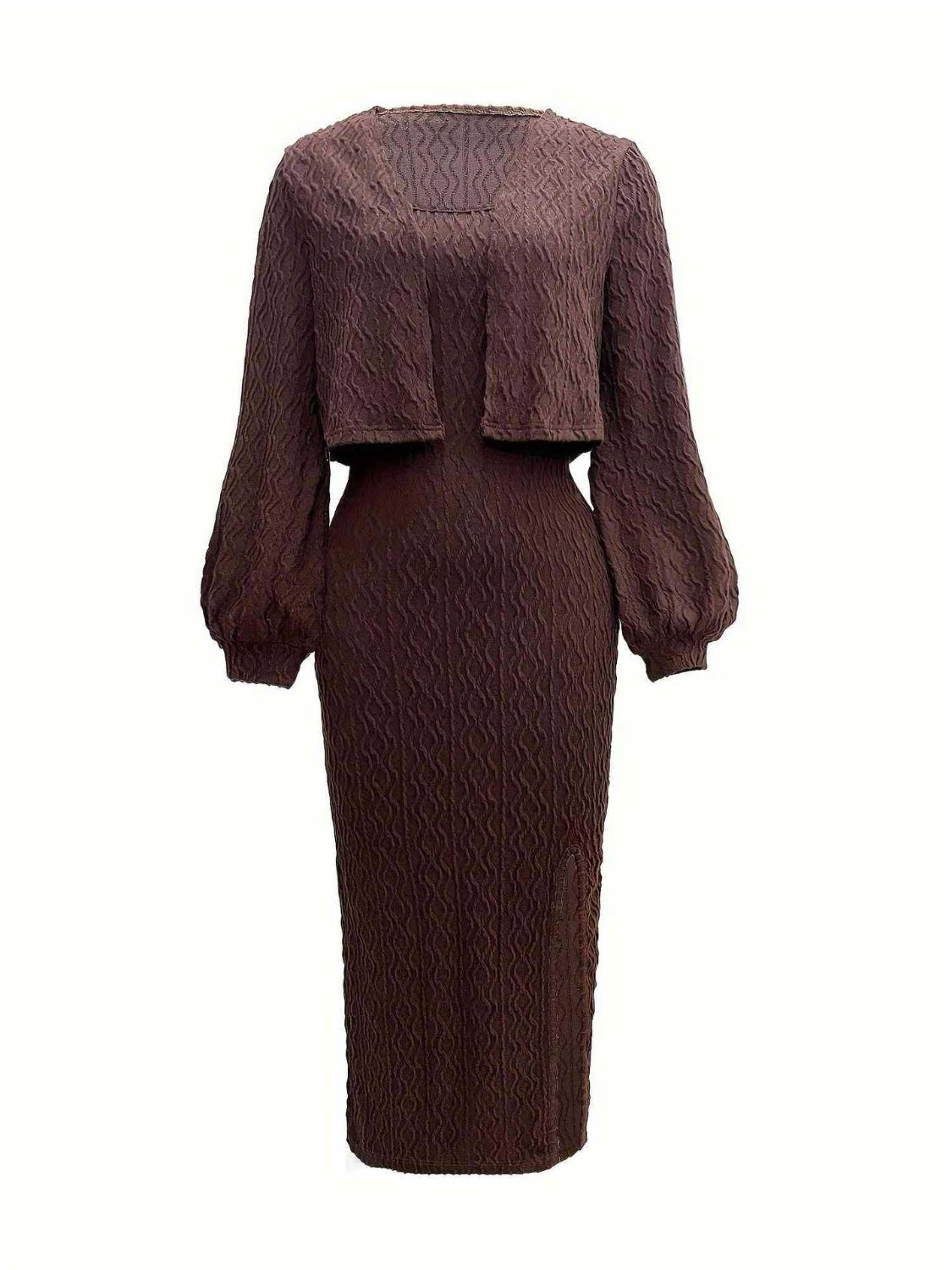 Textured Cardigan and Side Slit Cami Dress Set