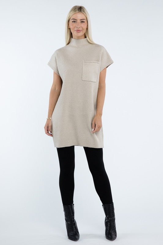 Short Sleeve Sweater Dress w/ Pocket