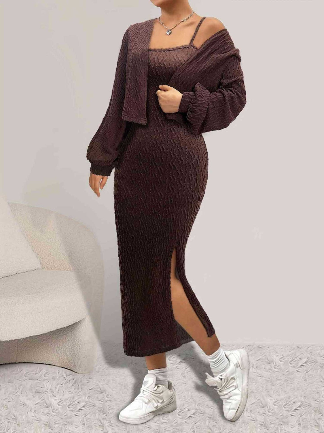 Textured Cardigan and Side Slit Cami Dress Set