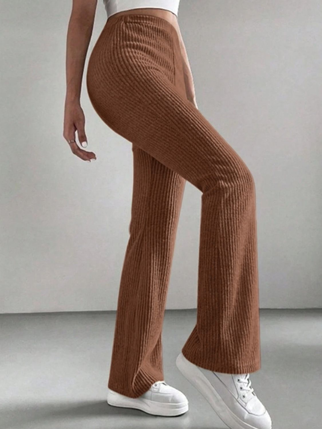 High Waist Caramel Ribbed Bootcut Pants