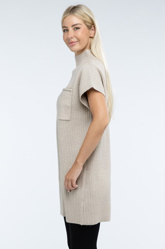 Short Sleeve Sweater Dress w/ Pocket