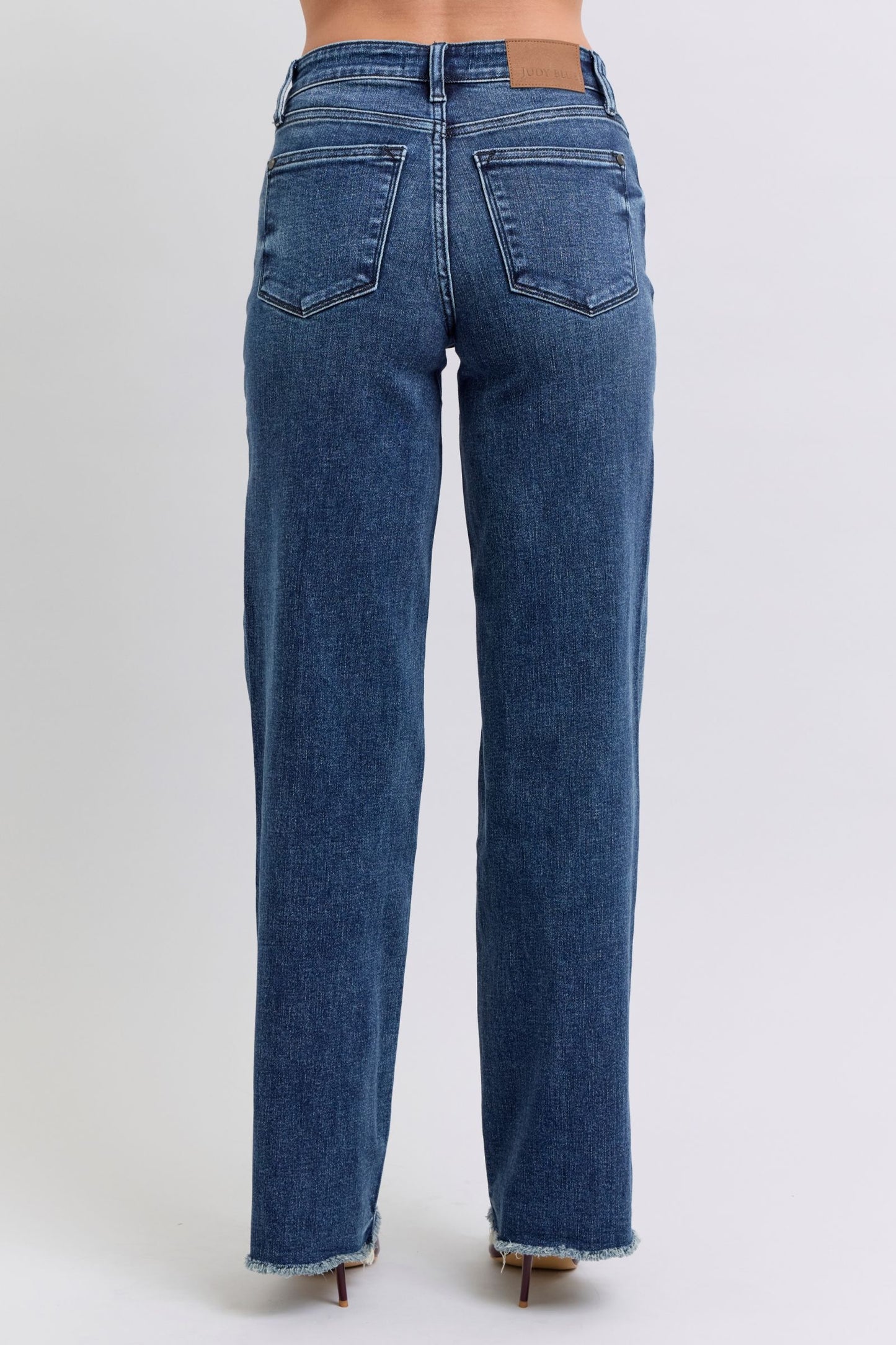 Cotten Blend Raw Hem Mid Rise Straight Denim Pant