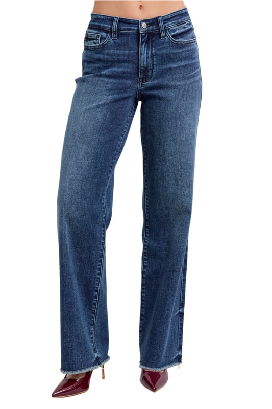 Cotten Blend Raw Hem Mid Rise Straight Denim Pant