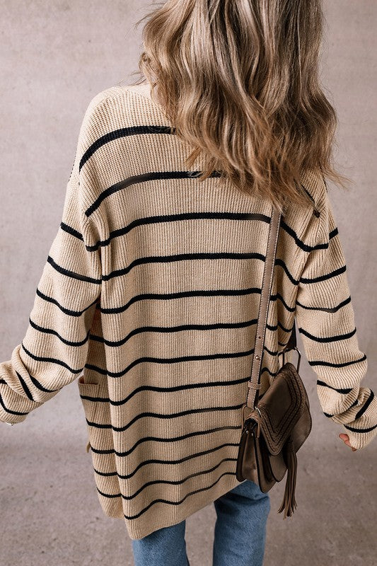 Stripe Shawl Neckline Open Cardigan with Pockets