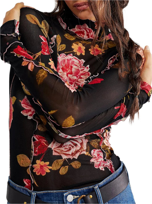 Floral Paneled Mesh Top w/ Lettuce Edge